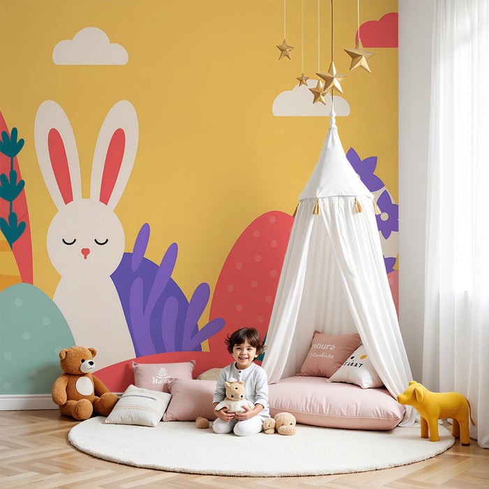 Carta da parati bambini | Coniglio sognante e colline colorate