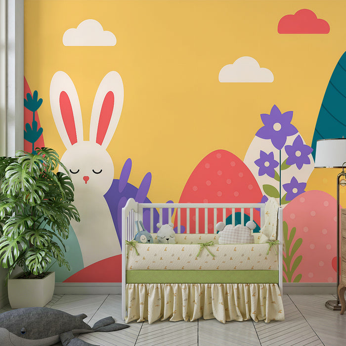 Carta da parati bambini | Coniglio sognante e colline colorate