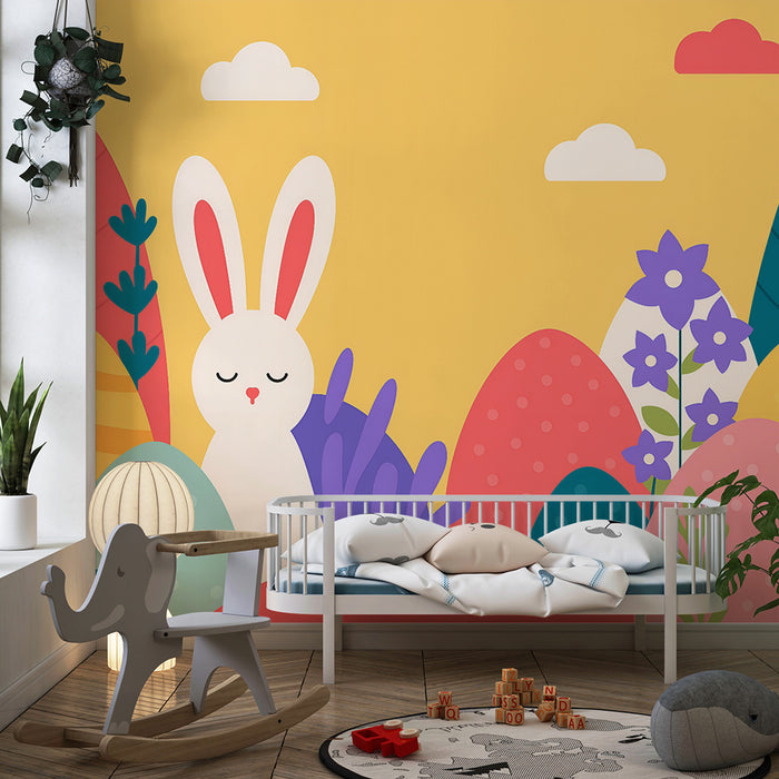 Carta da parati bambini | Coniglio sognante e colline colorate