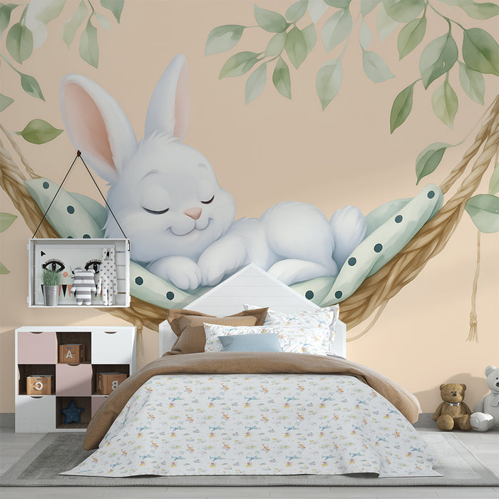 Babykamer behang | Slapende konijn in een gezellige hangmat