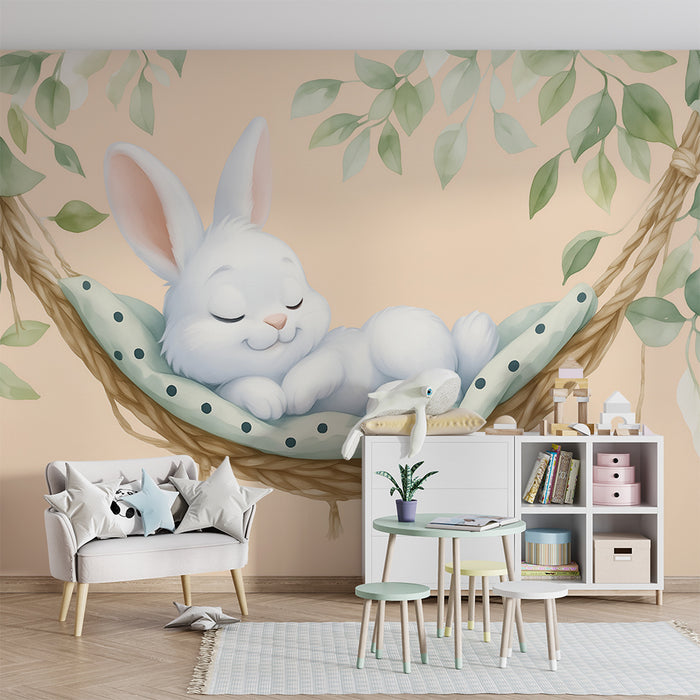 Babykamer behang | Slapende konijn in een gezellige hangmat