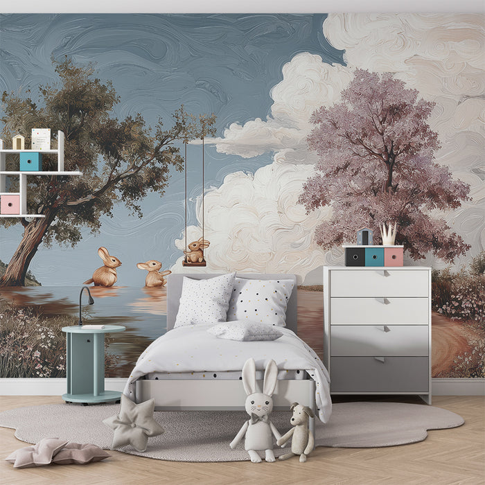 Papier peint chambre enfant | Lapins et balançoire sous les arbres