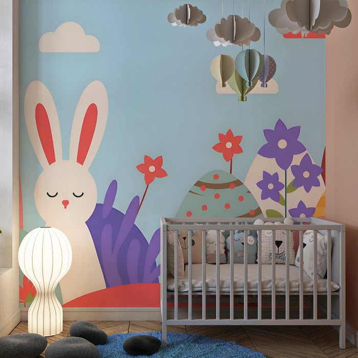 Carta da parati bambini | Coniglio sognante e giardino colorato