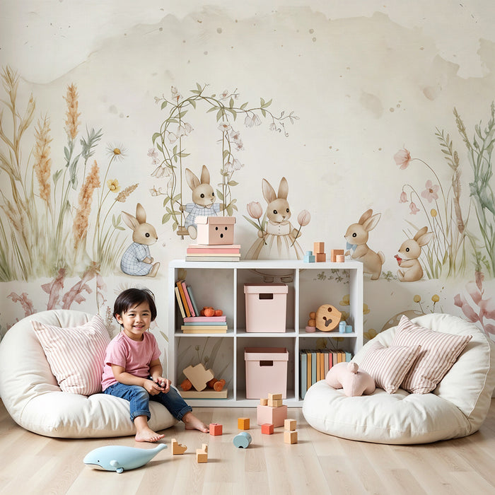 Babykamer behang | Konijnen en aquarel bloemen