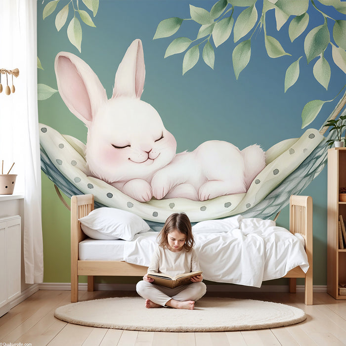 Papel pintado infantil | Conejo dormido y follaje suave