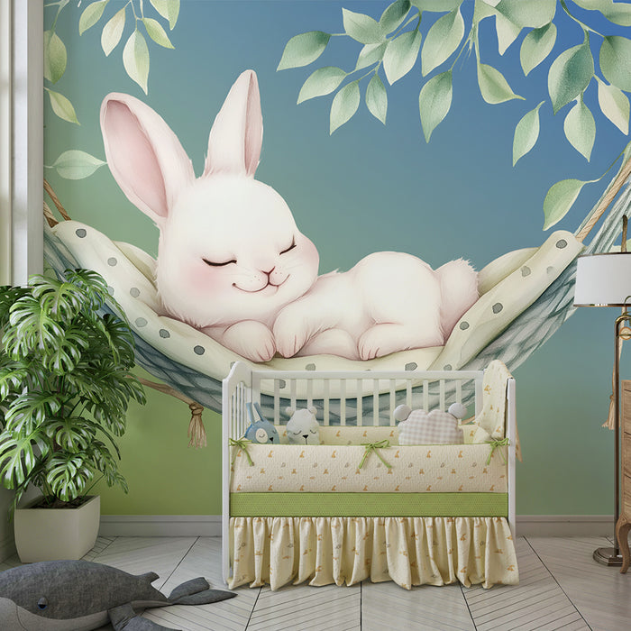 Papel pintado infantil | Conejo dormido y follaje suave