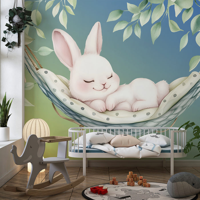 Papel pintado infantil | Conejo dormido y follaje suave