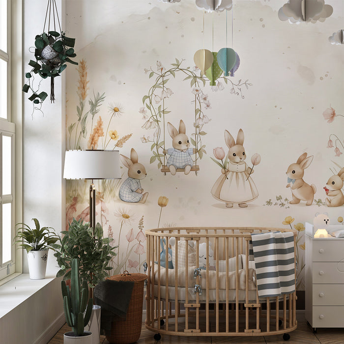 Babykamer behang | Konijnen en aquarel bloemen