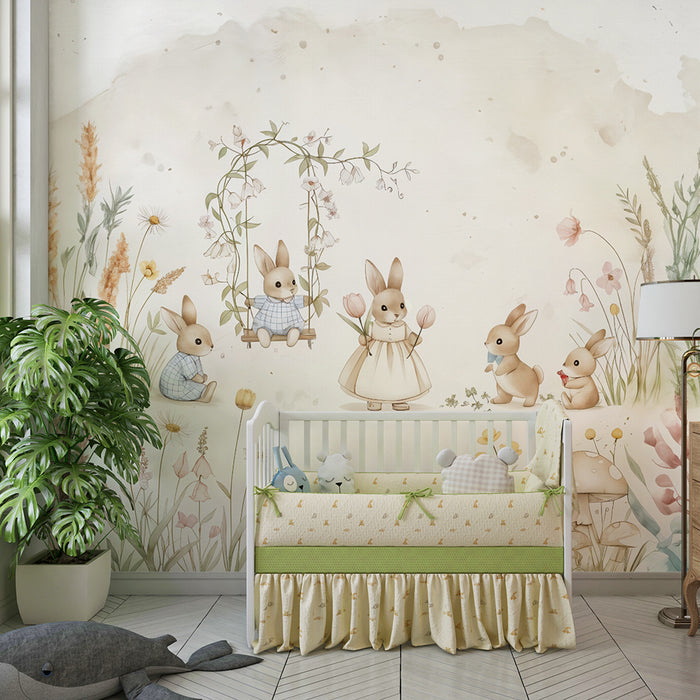 Babykamer behang | Konijnen en aquarel bloemen