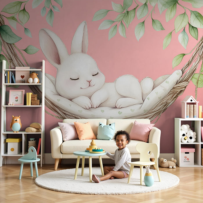 Papier peint chambre bébé | Lapin endormi dans un hamac rose