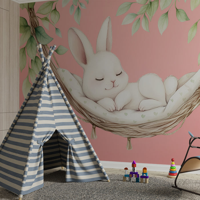 Papier peint chambre bébé | Lapin endormi dans un hamac rose