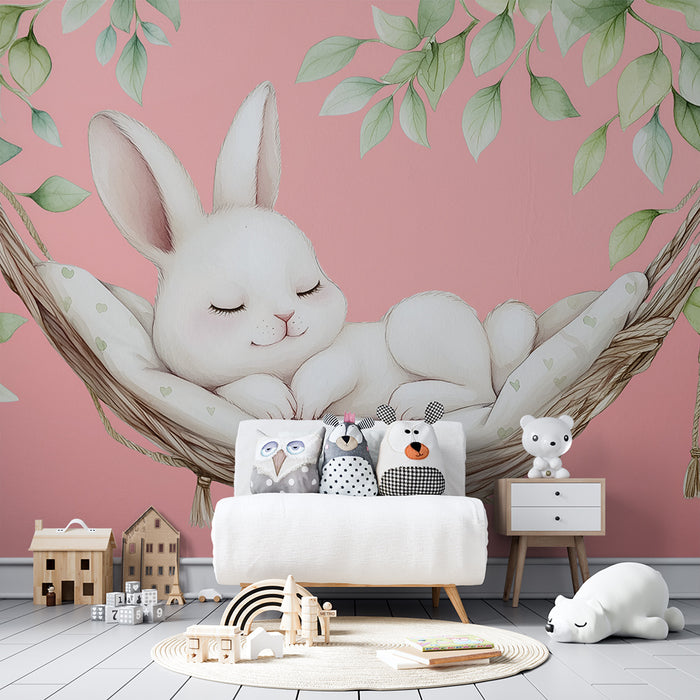 Papier peint chambre bébé | Lapin endormi dans un hamac rose