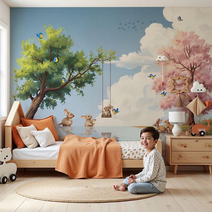 Carta da parati bambini | Paesaggio incantato con conigli e alberi in fiore