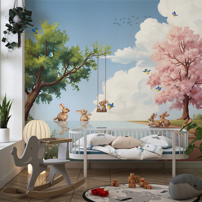 Carta da parati bambini | Paesaggio incantato con conigli e alberi in fiore