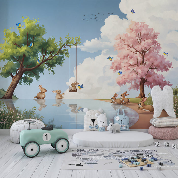 Carta da parati bambini | Paesaggio incantato con conigli e alberi in fiore