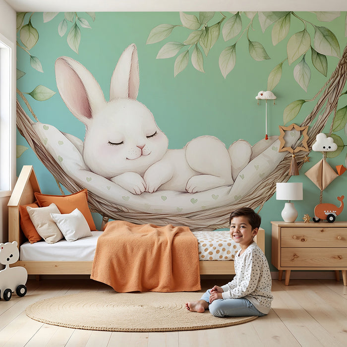 Papel pintado infantil | Conejito durmiendo cómodamente y hojas suaves