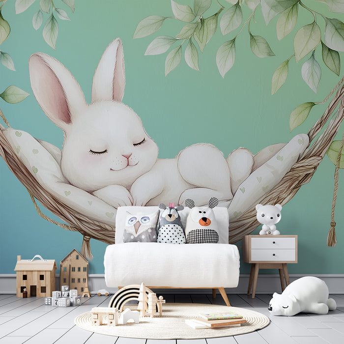 Papel pintado infantil | Conejito durmiendo cómodamente y hojas suaves
