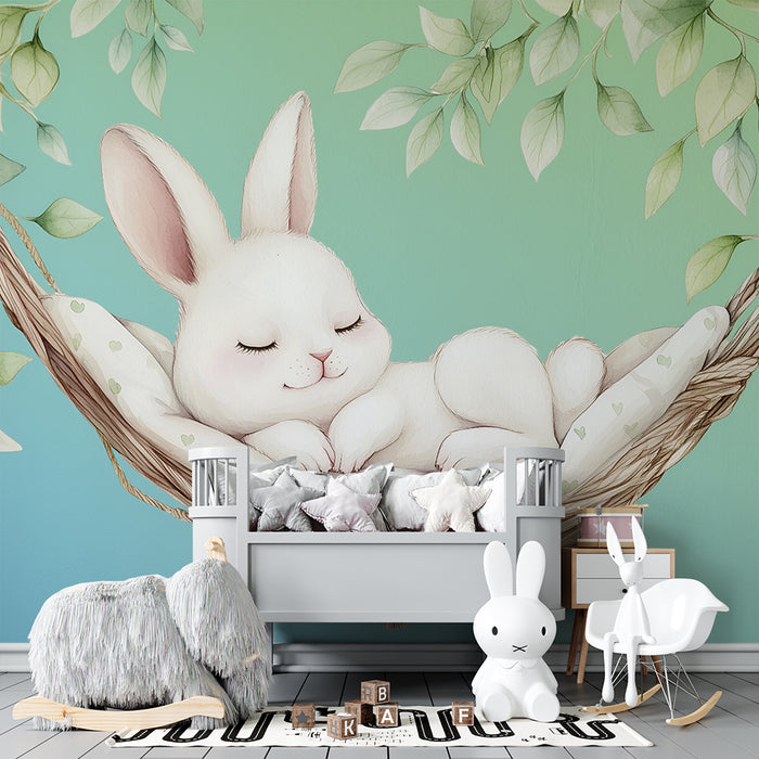 Papel pintado infantil | Conejito durmiendo cómodamente y hojas suaves