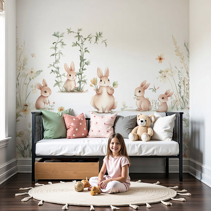 Babykamer behang | Konijnen en bloemen op het platteland