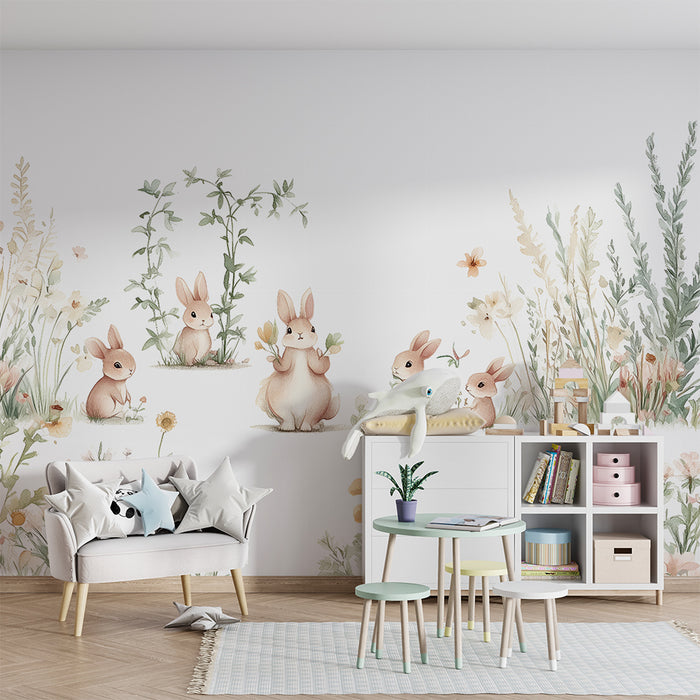 Babykamer behang | Konijnen en bloemen op het platteland