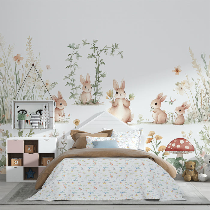 Babykamer behang | Konijnen en bloemen op het platteland