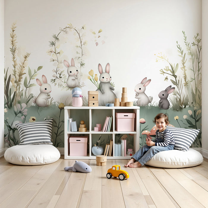 Babyzimmer Tapete | Hasen und wilde Blumen