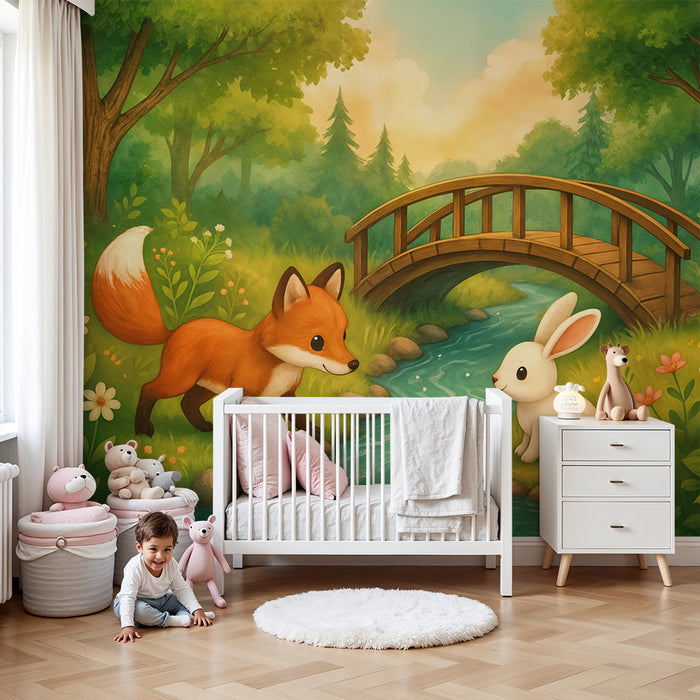 Barntapet förtrollad skog | Räv och Kanin vid bäcken