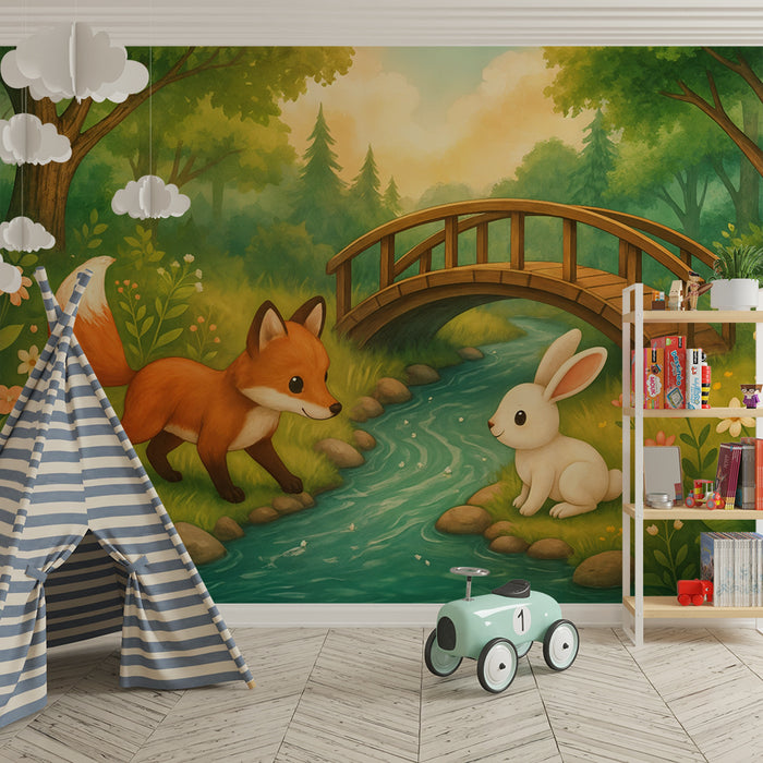 Barntapet förtrollad skog | Räv och Kanin vid bäcken