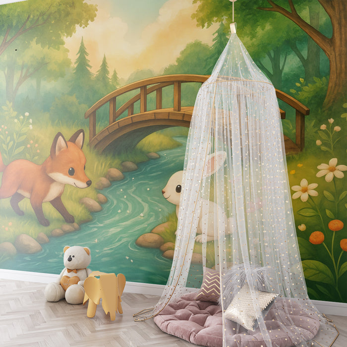 Barntapet förtrollad skog | Räv och Kanin vid bäcken