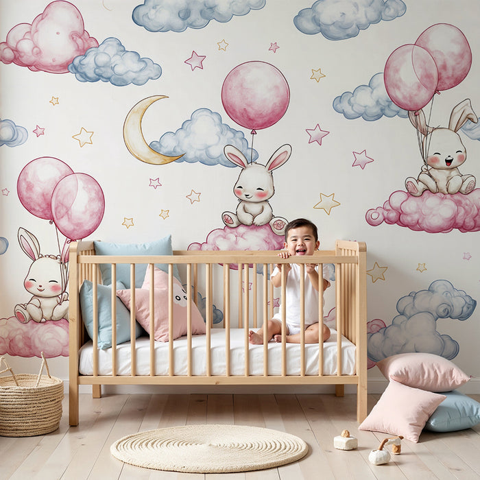 Papier peint lapin rêveur | Design céleste pour chambre d'enfant