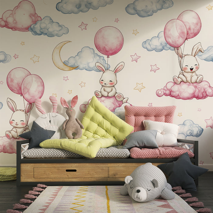 Papier peint lapin rêveur | Design céleste pour chambre d'enfant