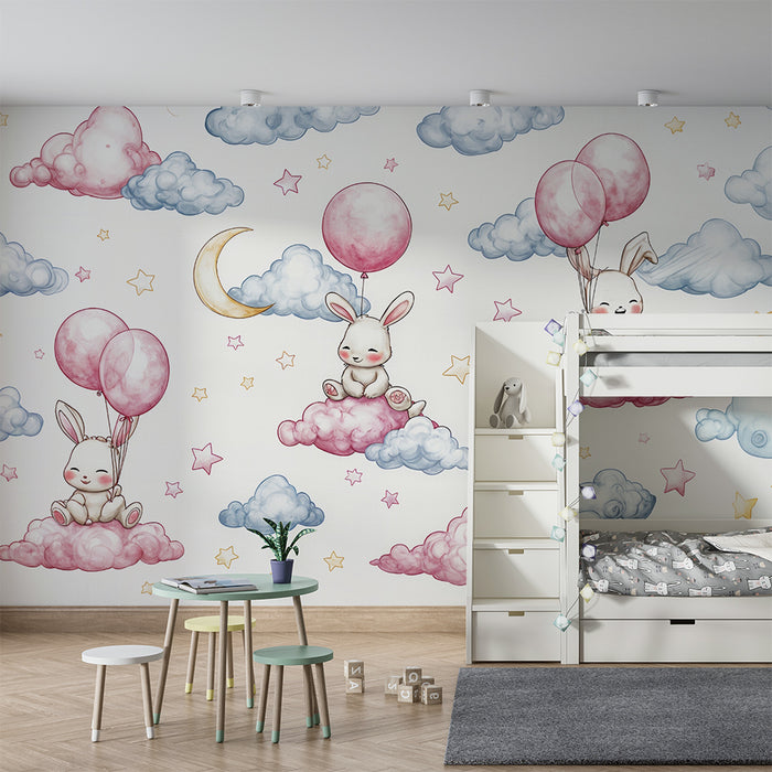 Papier peint lapin rêveur | Design céleste pour chambre d'enfant