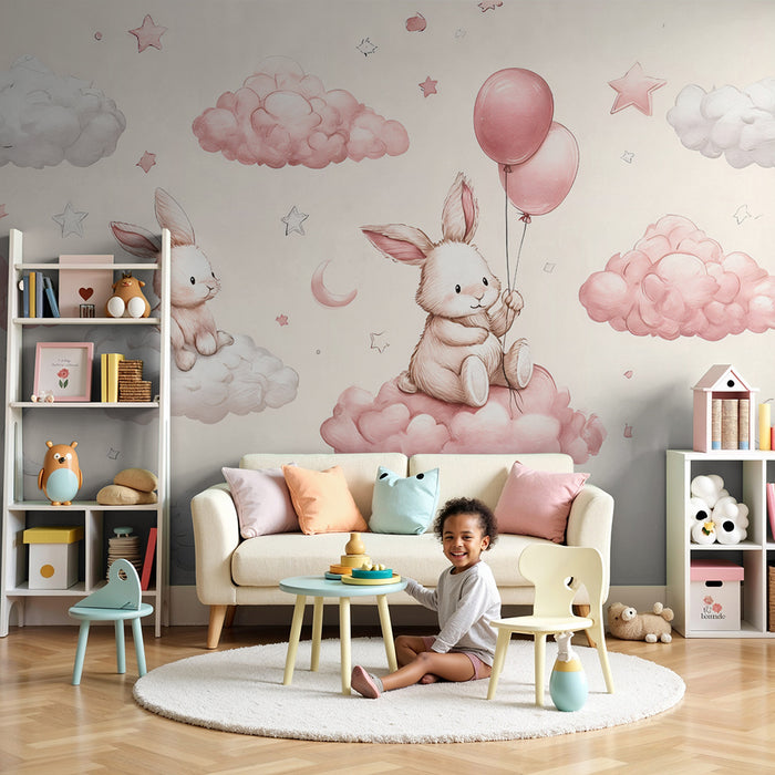 Tapet cu iepurași și nori | Vis dulce pentru camere de copii