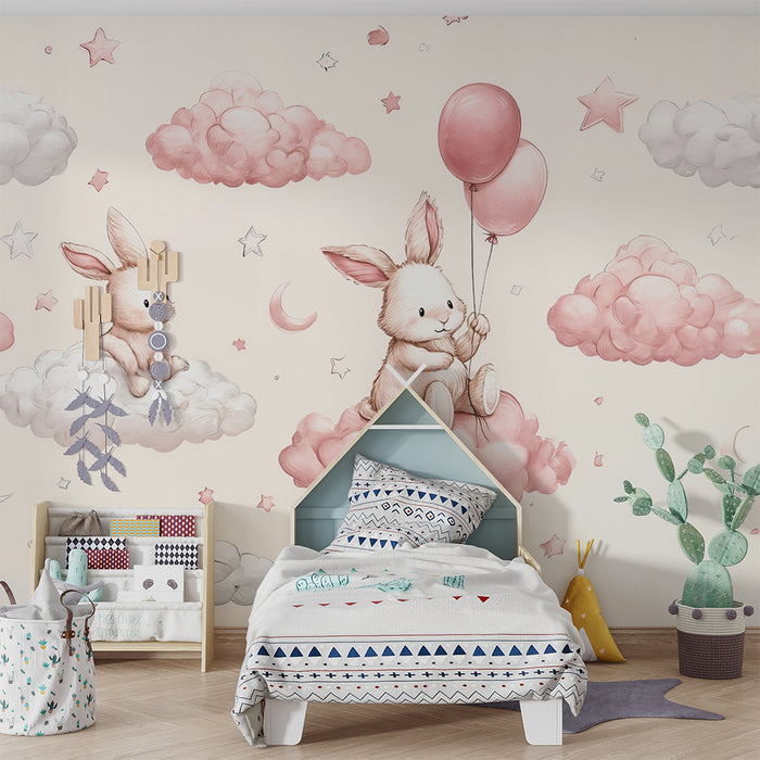 Tapet cu iepurași și nori | Vis dulce pentru camere de copii