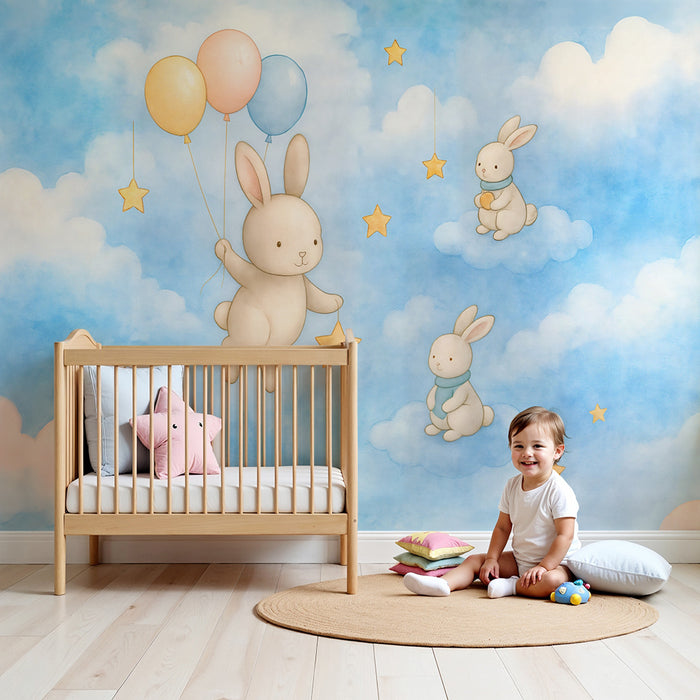 Tapéta álmodozó nyulak | Égi minta gyermekszobához