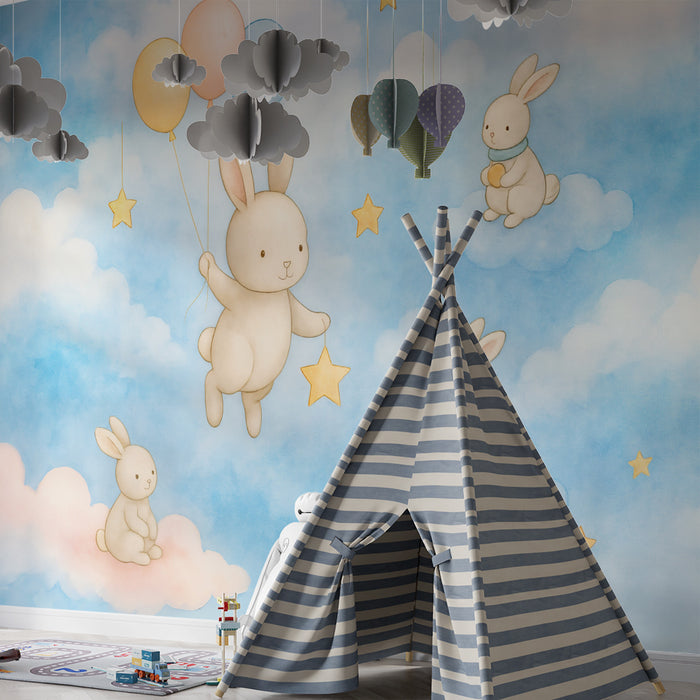 Tapéta álmodozó nyulak | Égi minta gyermekszobához