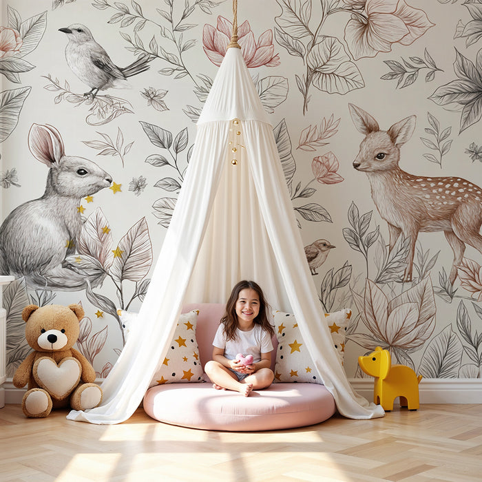 Papier peint faune et flore | Motifs animaliers et floraux délicats