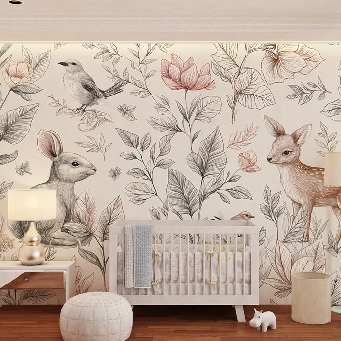 Papier peint faune et flore | Motifs animaliers et floraux délicats