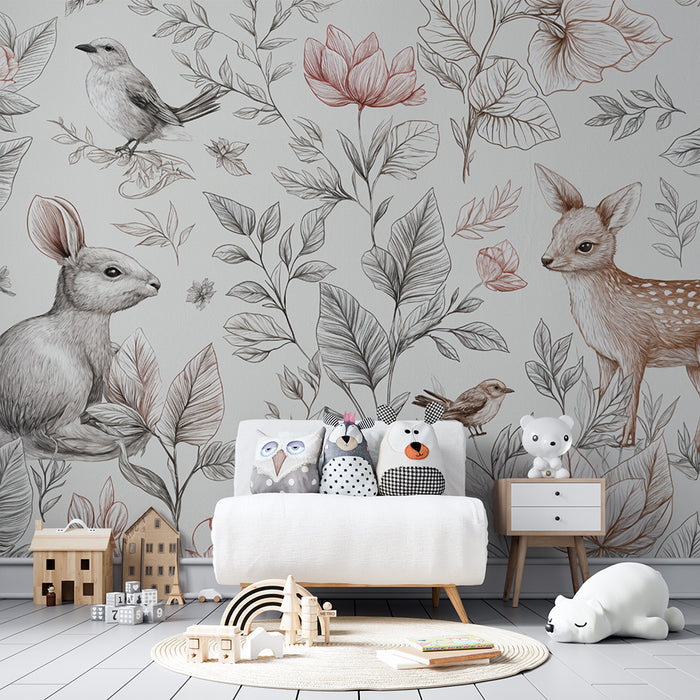Papier peint faune et flore | Motifs animaliers et floraux délicats