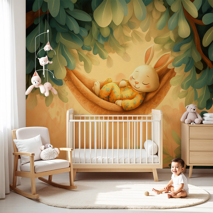 Papier peint lapin | Illustration adorable dans un hamac