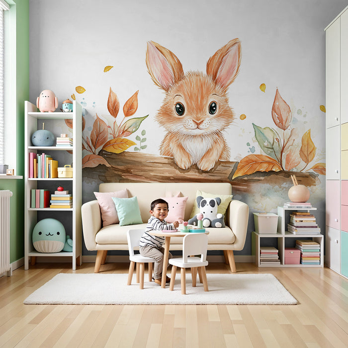 Papier peint chambre enfant | Lapin et feuilles d'automne
