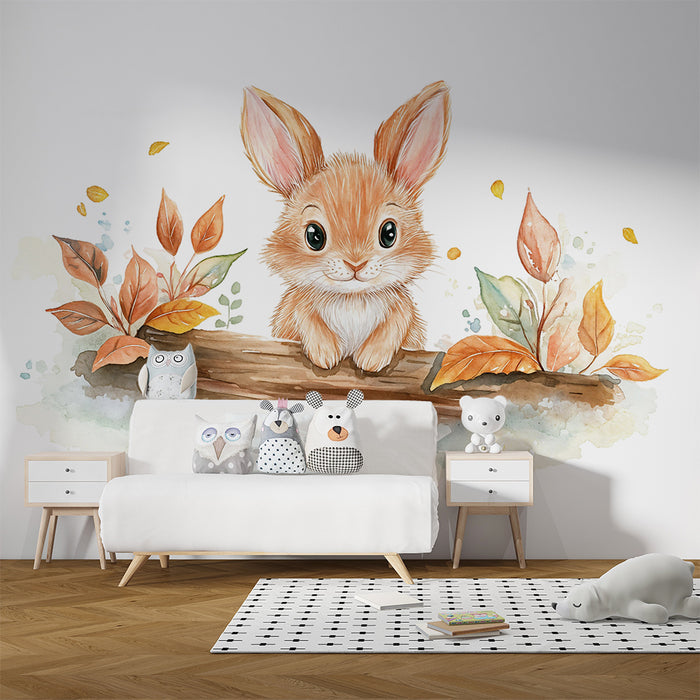 Papier peint chambre enfant | Lapin et feuilles d'automne