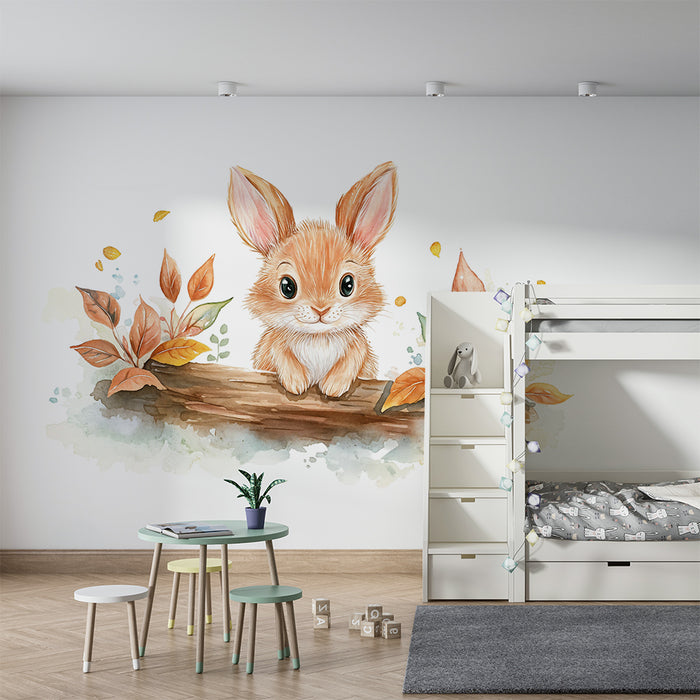 Papier peint chambre enfant | Lapin et feuilles d'automne