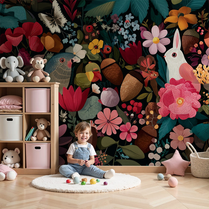 Carta da parati bambini | Giardino incantato con animali e fiori