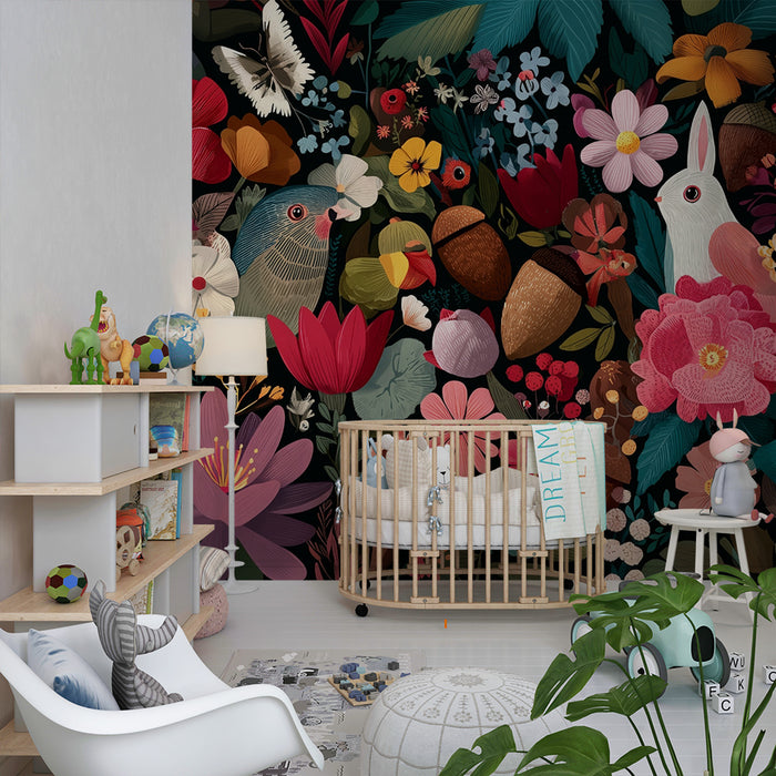 Carta da parati bambini | Giardino incantato con animali e fiori