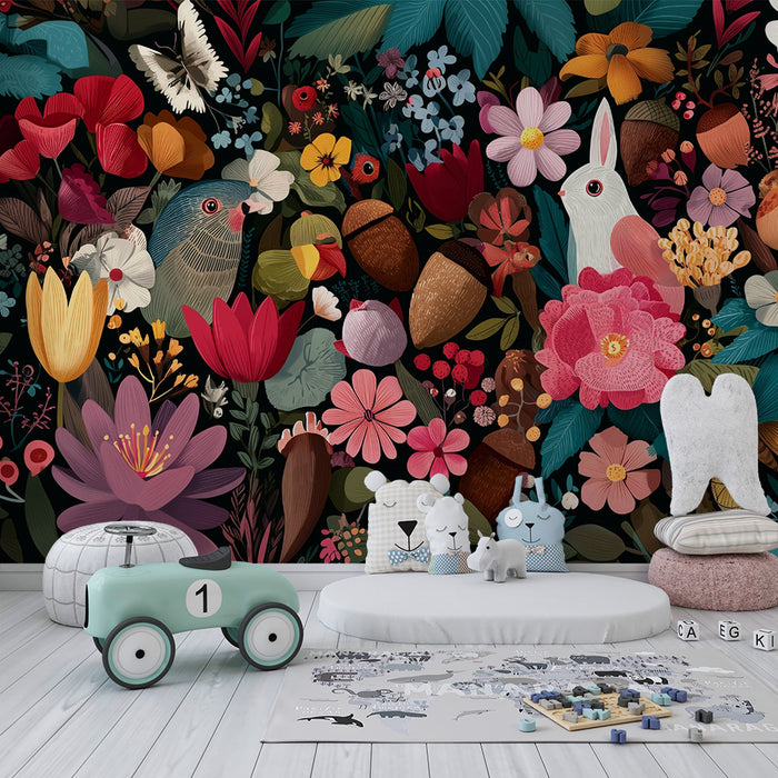 Carta da parati bambini | Giardino incantato con animali e fiori