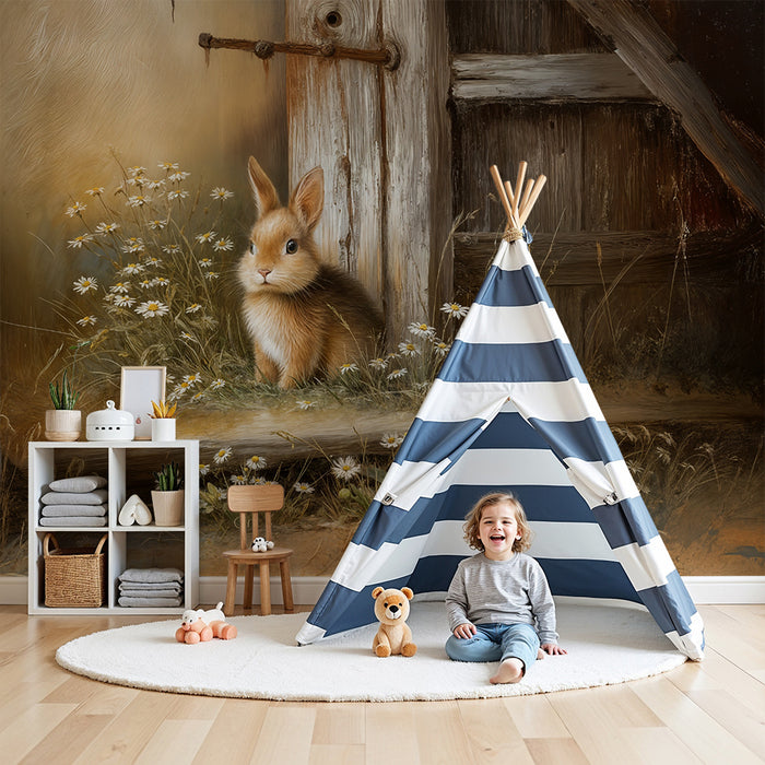 Papier peint lapin campagnard | Charmante scène rustique