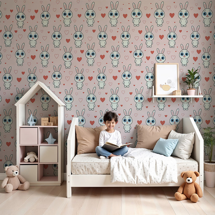 Lastenhuoneen tapetti | Söpö kaniini- ja sydänkuvio