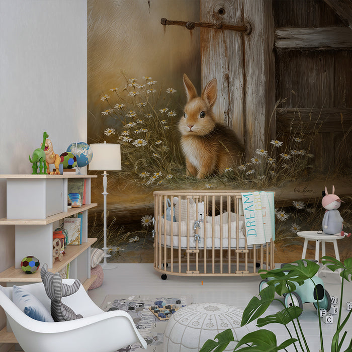 Papier peint lapin campagnard | Charmante scène rustique