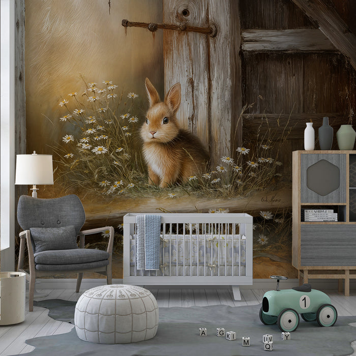 Papier peint lapin campagnard | Charmante scène rustique